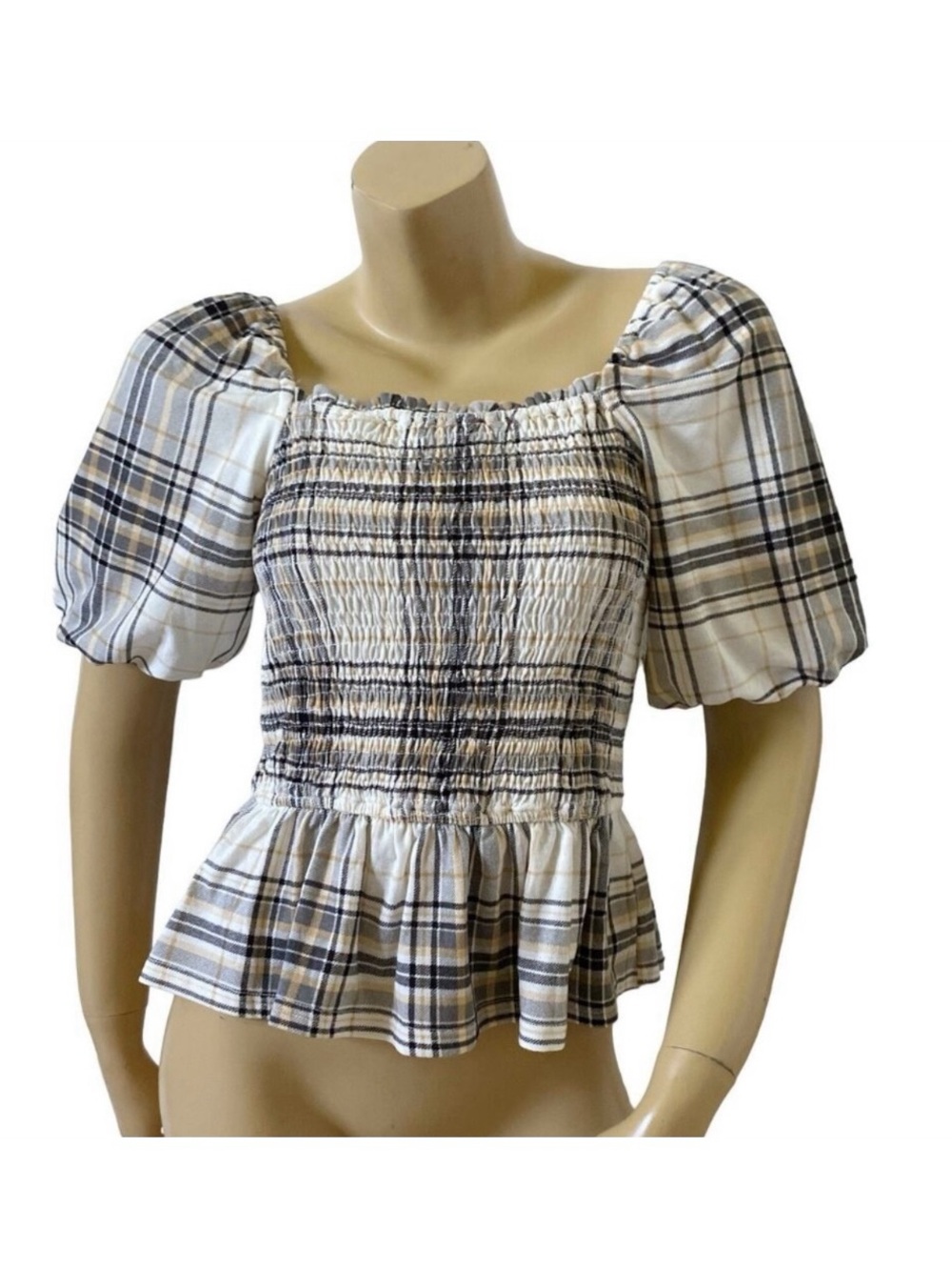 Flower & Feather Peplum Crop Top Womens Medium Plaid Smocked Puff Sleeve NWT
